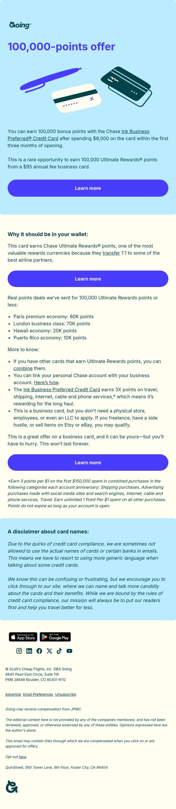 Don’t miss out on 100,000 bonus points email from Going screenshot