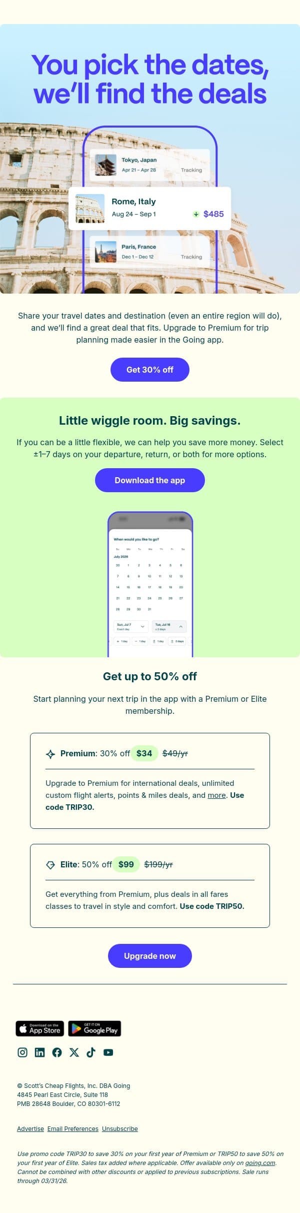 You pick the dates. We’ll find the deal. email from Going screenshot