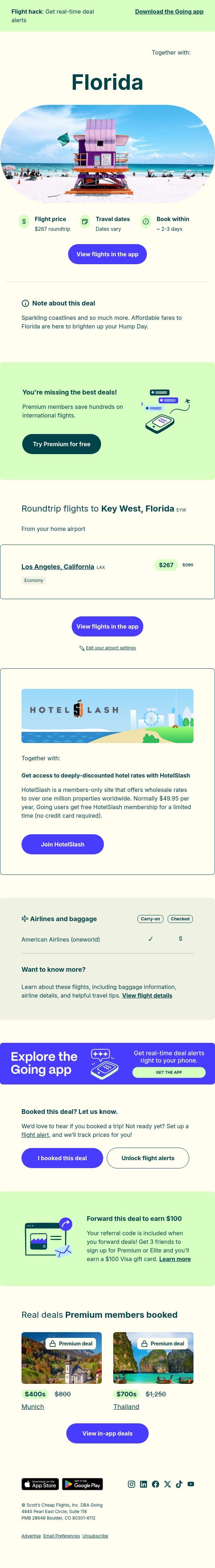 ☀️ Florida — $267 (May-Oct / Dec-Jan) email from Going screenshot