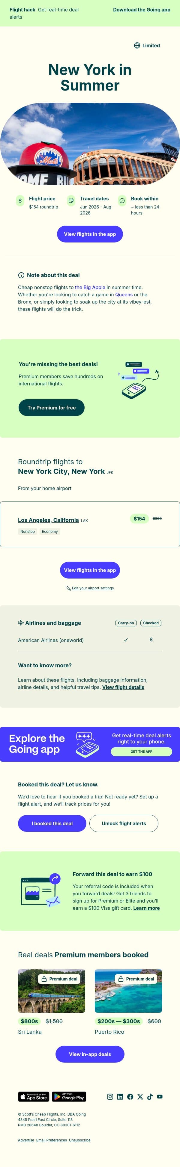 ☀️🍎 *summer* New York City — $154 (Jun-Aug) email from Going screenshot