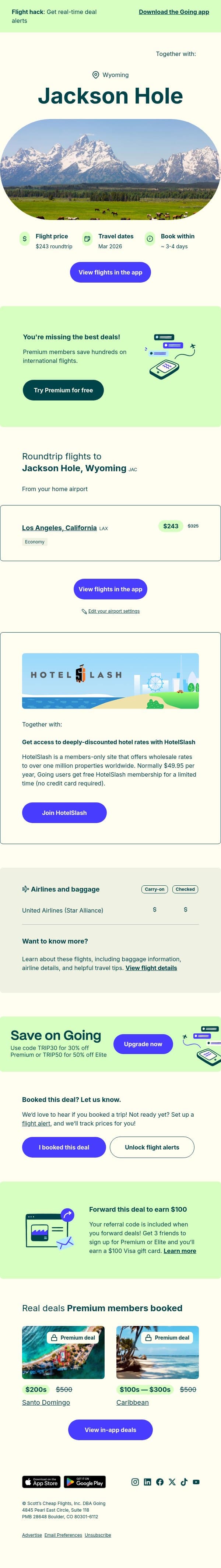 🦬 Yellowstone / Grand Teton — $243 (Mar) email from Going screenshot
