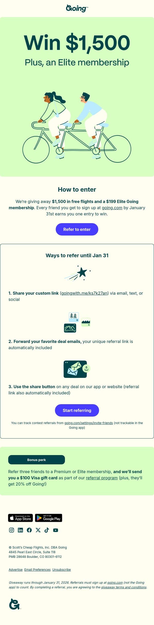 Win a $1,500 flight credit email from Going screenshot