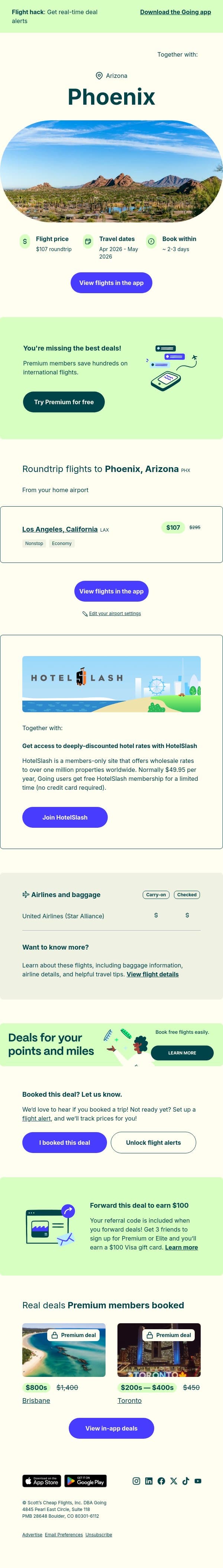 🏜️ Phoenix / Grand Canyon — $107 (Apr-May) email from Going screenshot