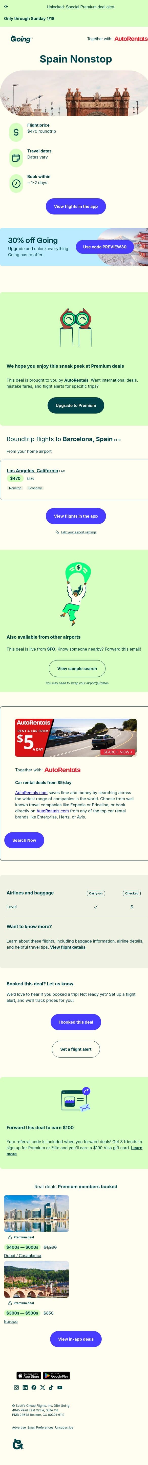 🤩 *nonstop* Spain — $470 (Feb / Apr / Sep-Oct) email from Going screenshot