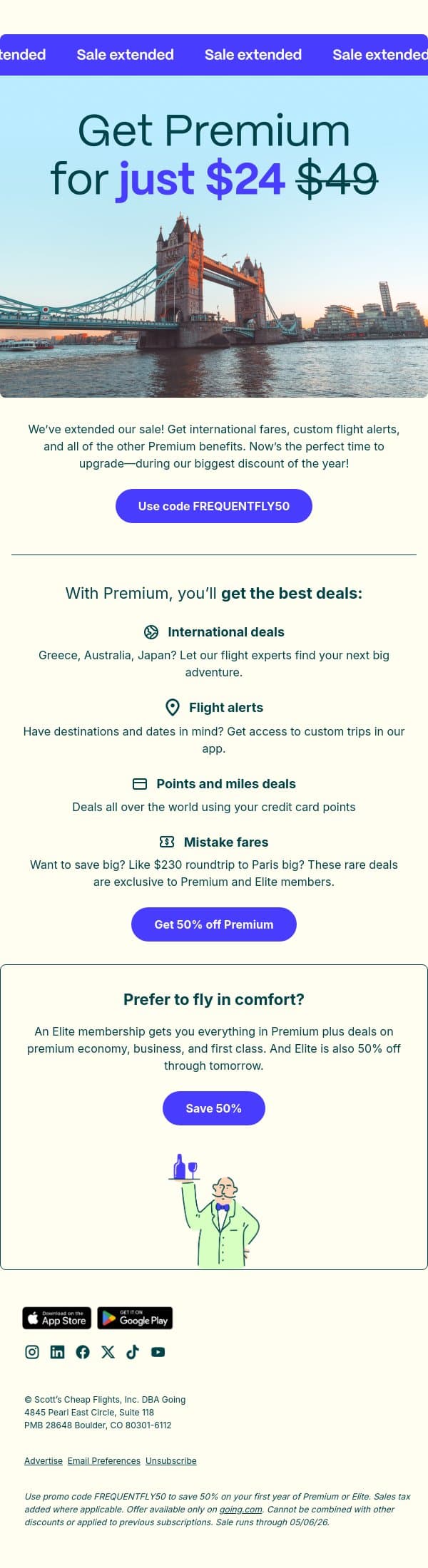 50% off sale extended ⚡️✈️ email from Going screenshot
