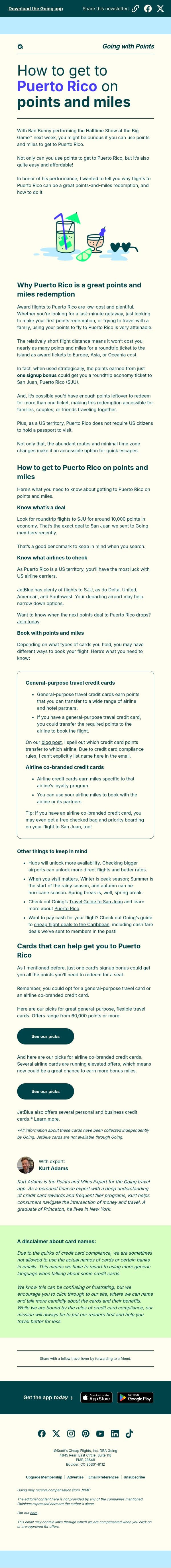 How to get to Puerto Rico on points and miles email from Going screenshot