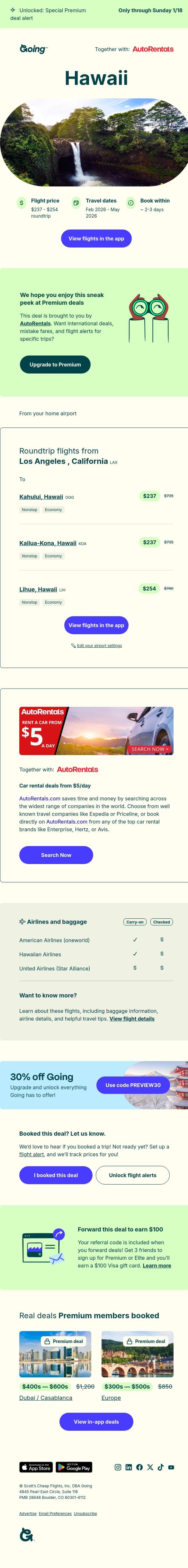 🤩🌈 Hawaii — $237 to $254 (Feb-May) email from Going screenshot
