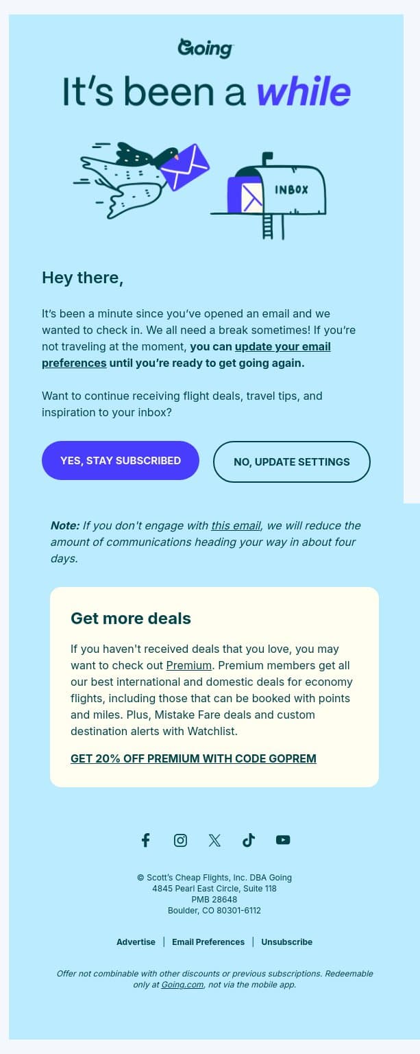 It’s been a while! email from Going screenshot