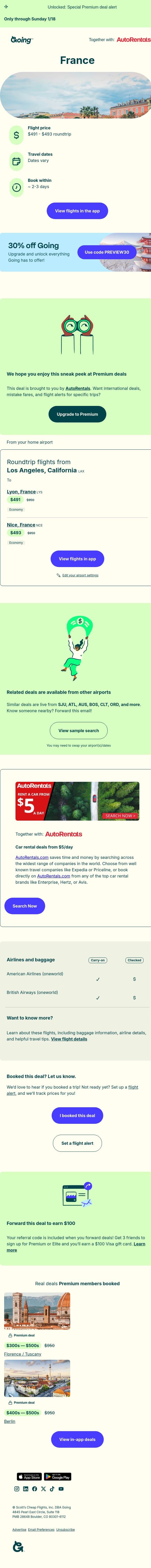🤩 France — $491 to $493 (Jan-May / Nov-Dec) email from Going screenshot