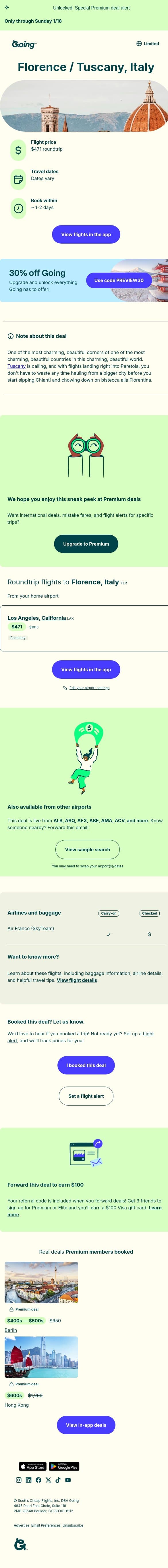 🤩🌻🍷 Florence / Tuscany — $471 (Jan-Apr / Aug) email from Going screenshot