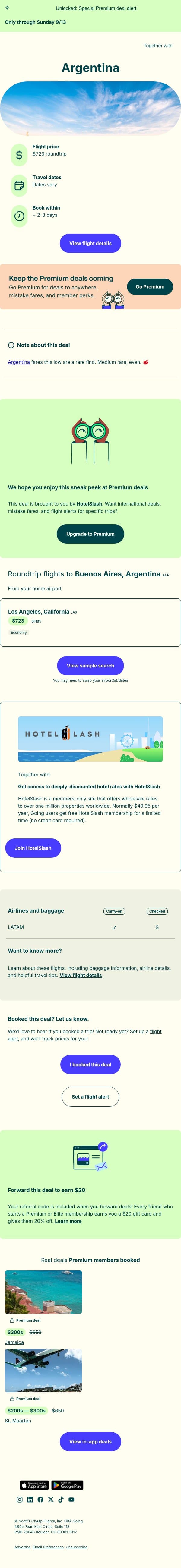 🤩 🇦🇷 Argentina — $723 (Nov-Dec / Mar-Jun) email from Going screenshot