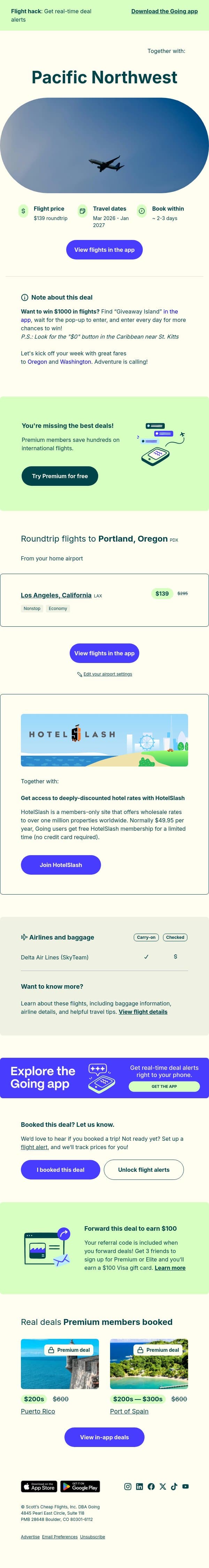 🌲 Pacific Northwest — $139 (Mar-Jan2027) email from Going screenshot