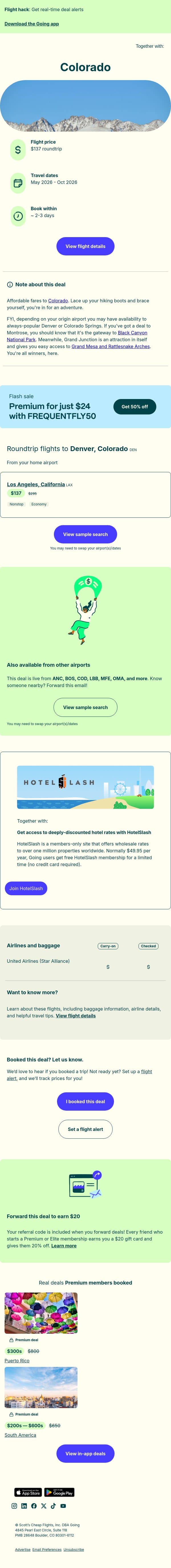 🏔️ Colorado — $137 (May-Oct) email from Going screenshot