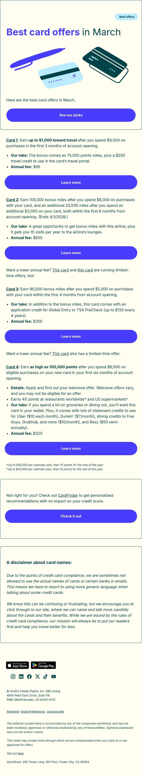 Best card offers in March email from Going screenshot