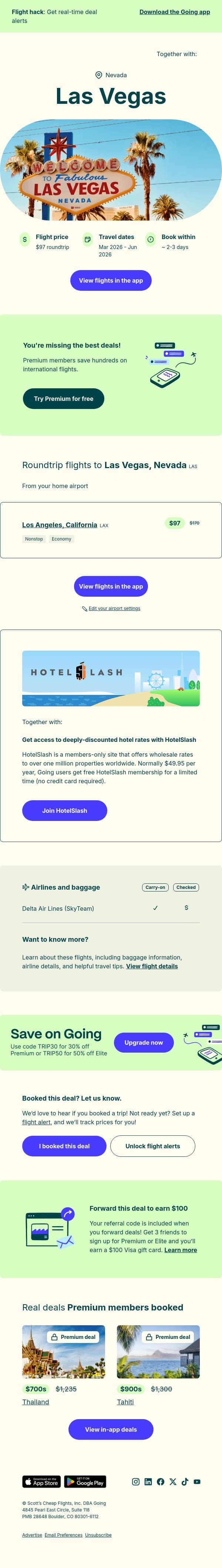 🎰 Las Vegas — $97 (Mar-Jun) email from Going screenshot