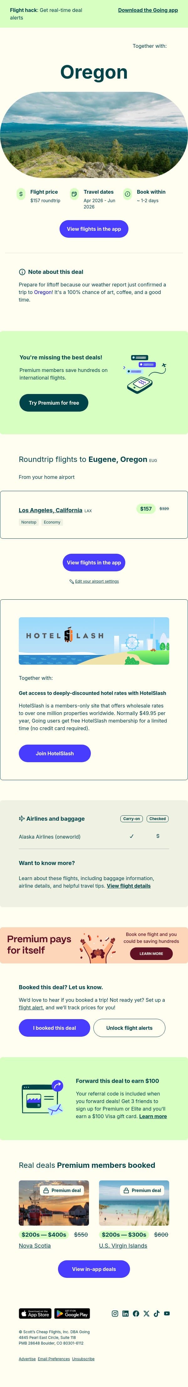 🌲 Oregon — $157 (Apr-Jun) email from Going screenshot