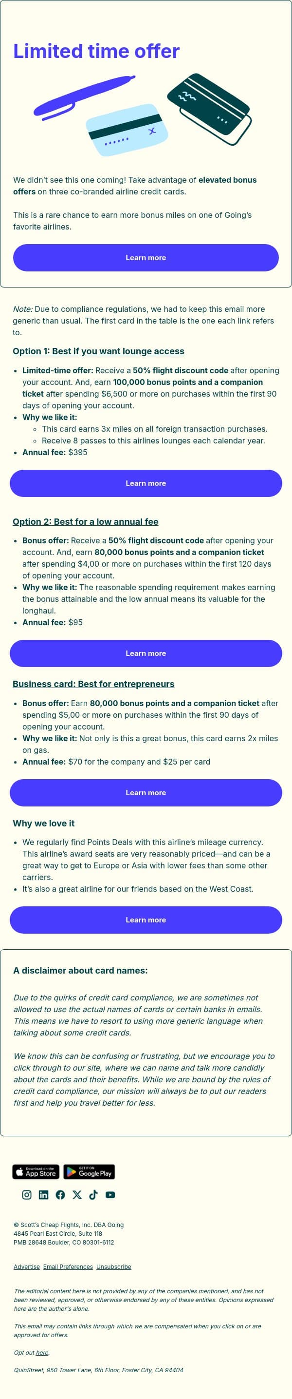100,000 airline miles can be yours email from Going screenshot