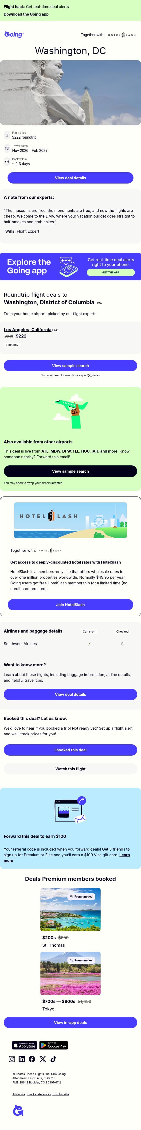 🏛️ Washington, DC — $222 (Nov-Feb) email from Going screenshot