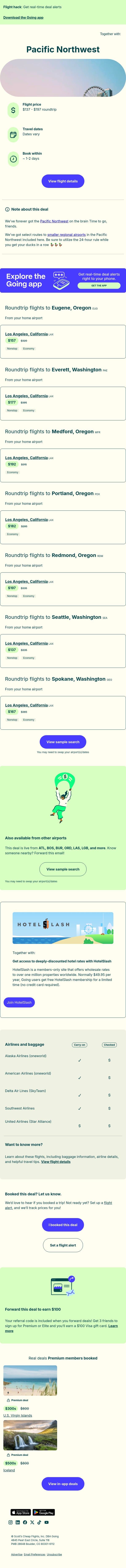🌲 Pacific Northwest — $137 to $197 (May-Nov / Jan / Mar) email from Going screenshot