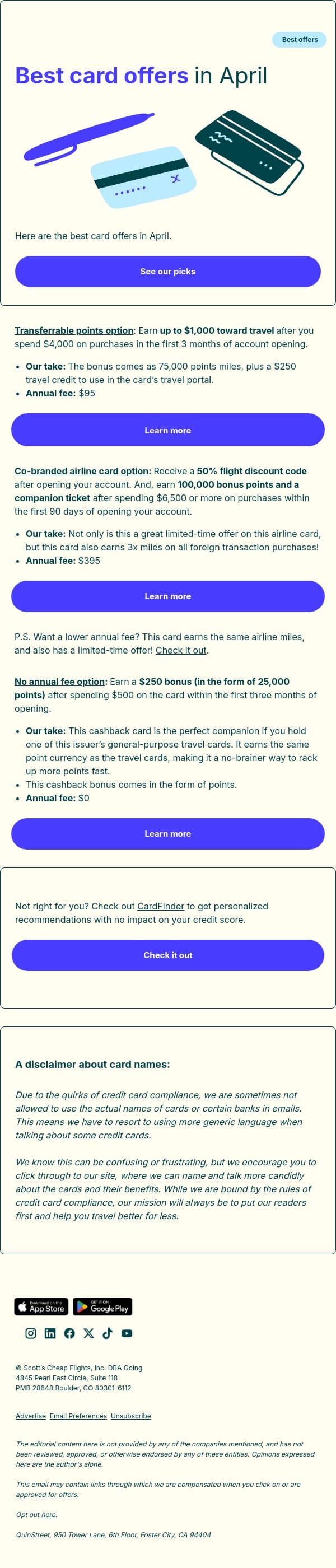 Best card offers in April email from Going screenshot