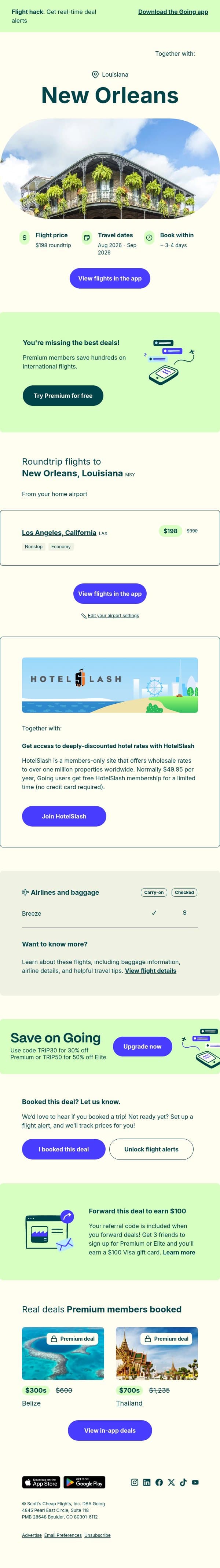 🎷 New Orleans — $198 (Aug-Sep) email from Going screenshot