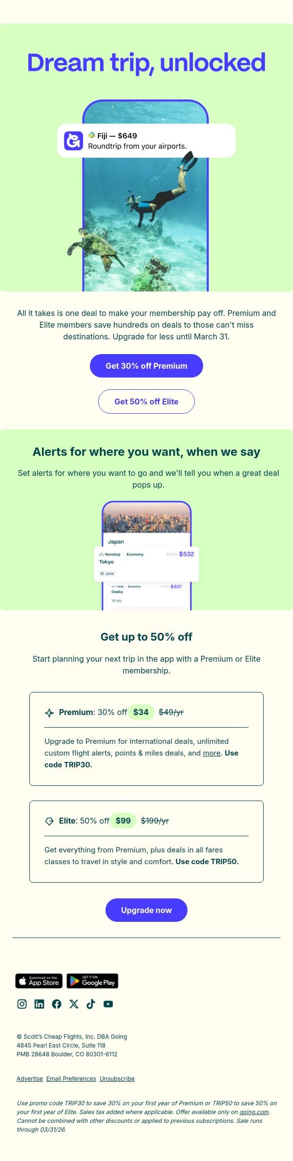 Your bucket list trip is waiting. email from Going screenshot