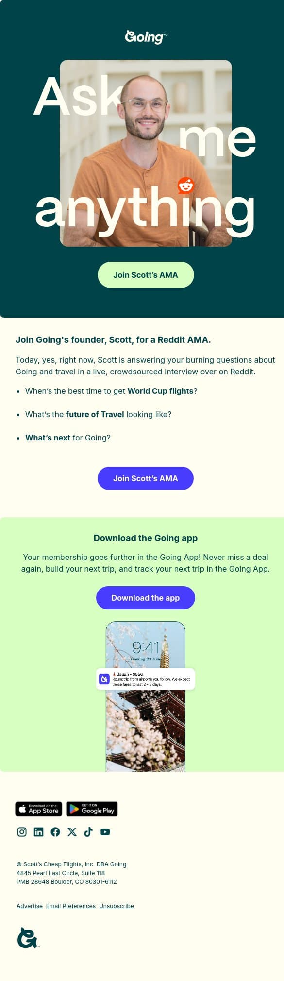 Ask Scott Anything! email from Going screenshot