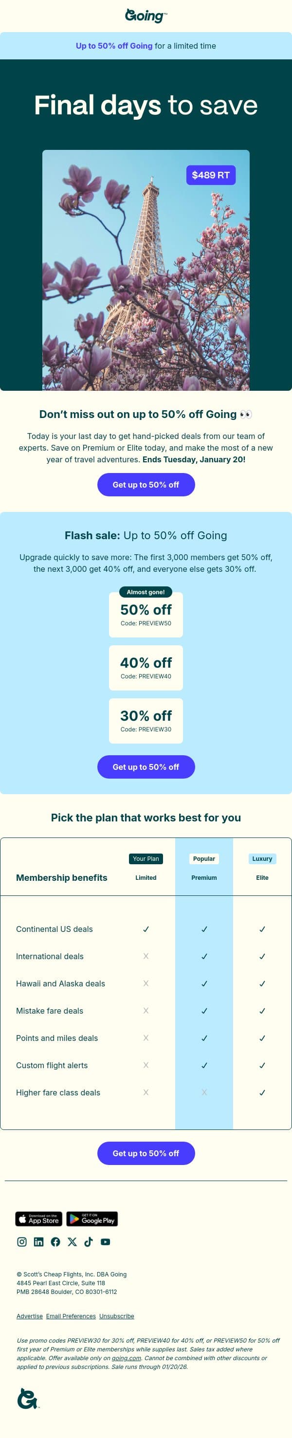 🚨Last chance to keep Premium deals for up to 50% off email from Going screenshot