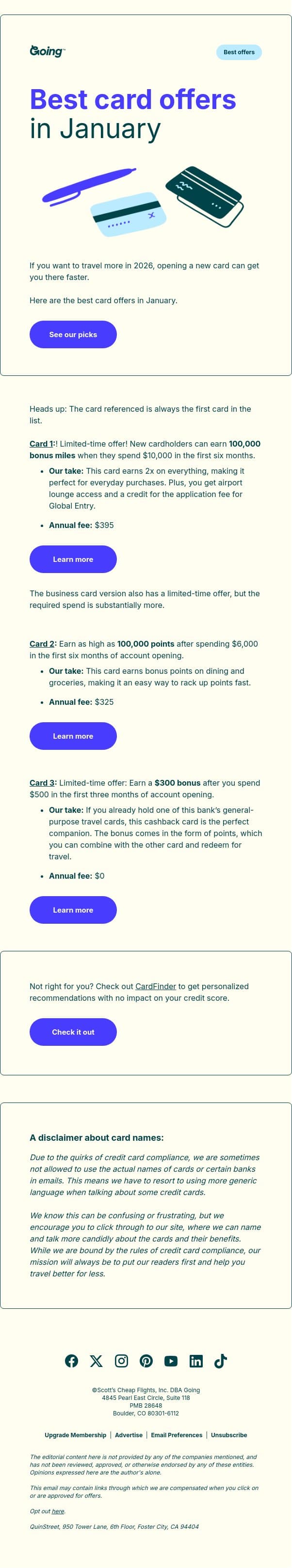 Best card offers in January email from Going screenshot