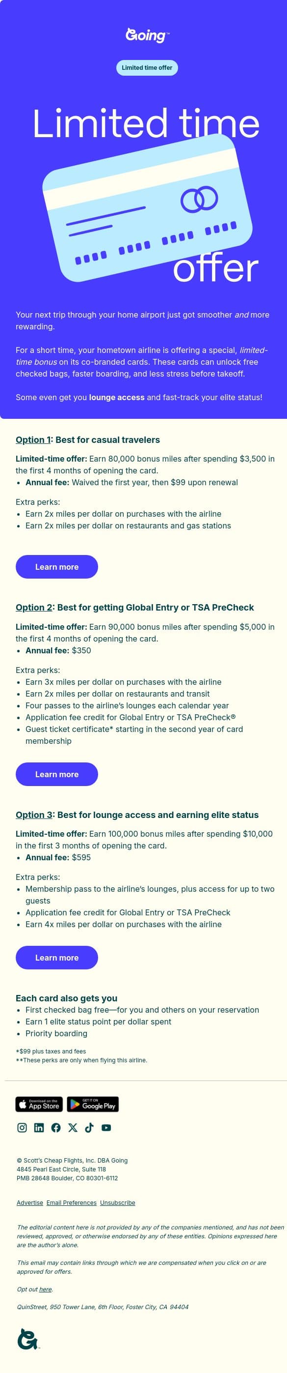 Limited-time offers for your hometown airline email from Going screenshot