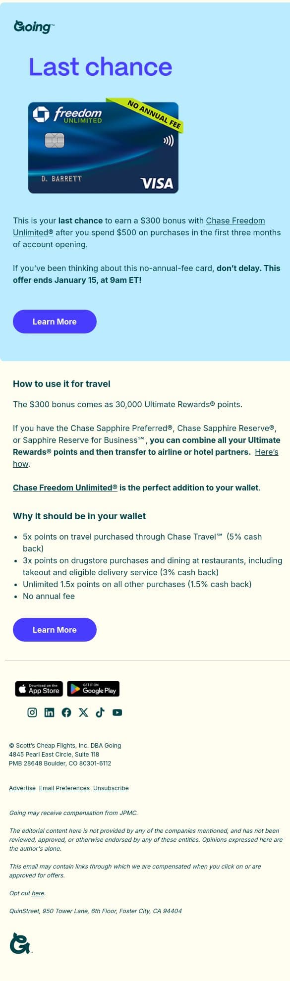 Last chance! Limited-time offer with Chase Freedom Unlimited® email from Going screenshot