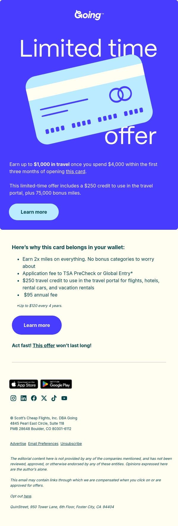 Earn up to $1,000 in travel email from Going screenshot