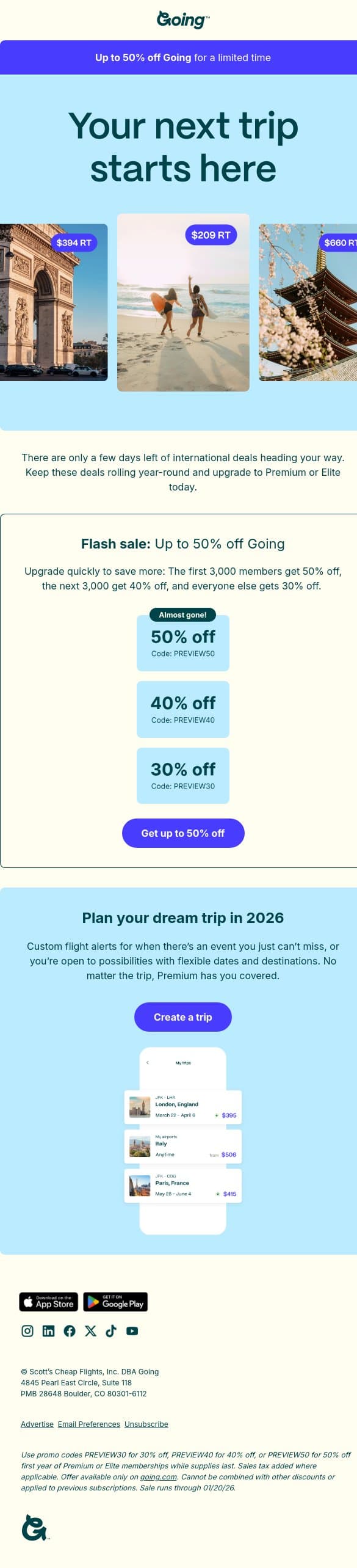 Go Premium and plan your dream trip! email from Going screenshot