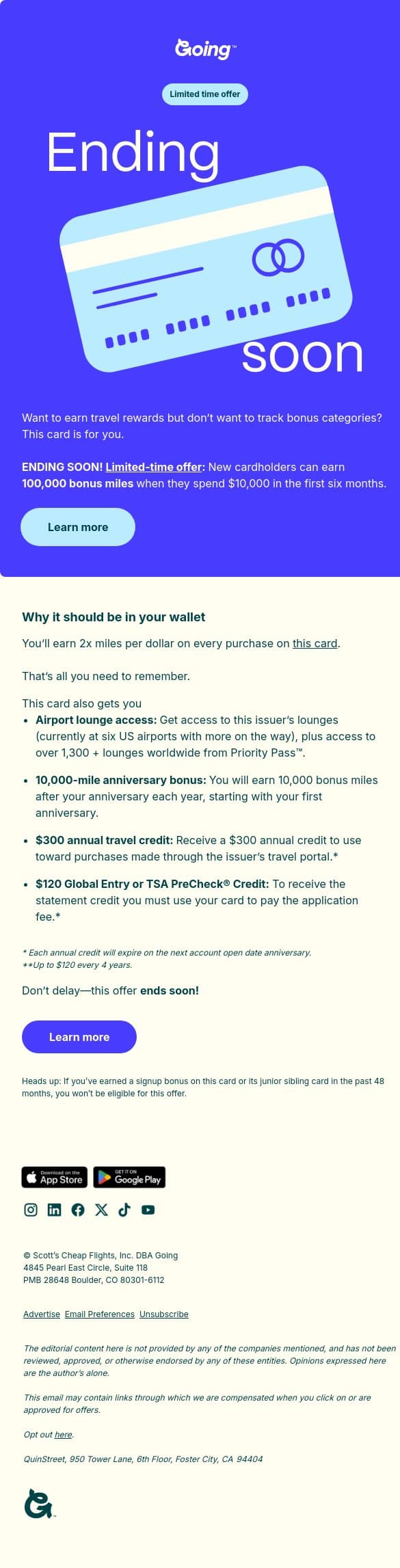 100,000-mile offer: Ending soon! email from Going screenshot