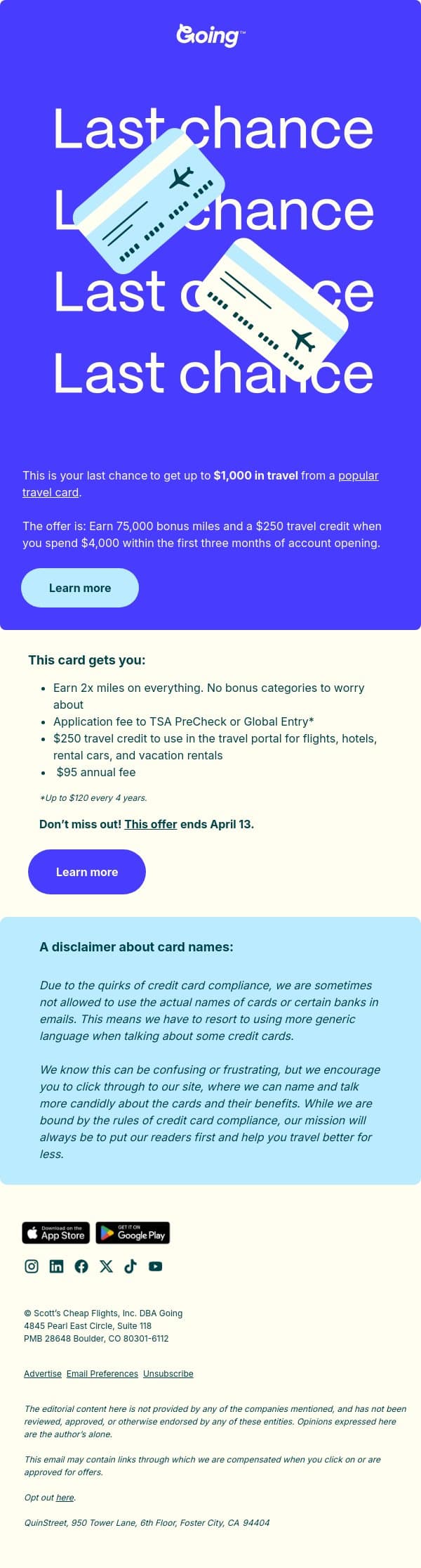 Last chance! Up to $1,000 in travel email from Going screenshot