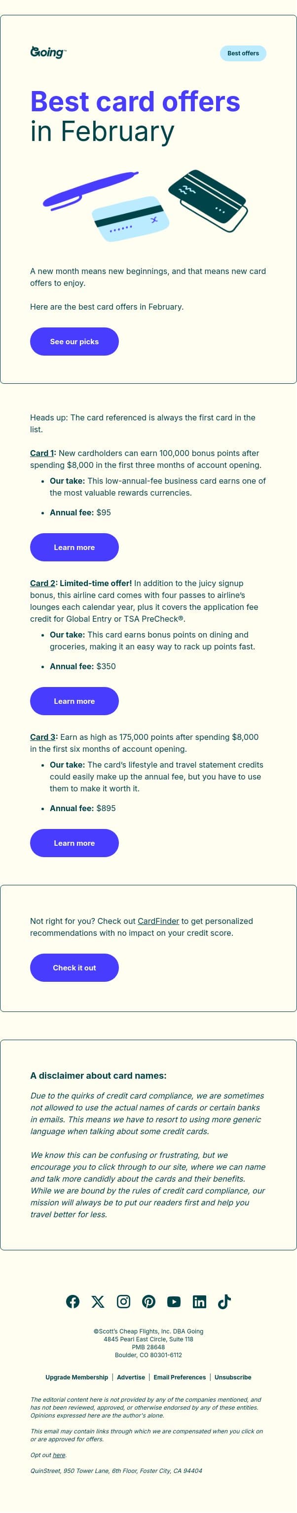 Best card offers in February email from Going screenshot