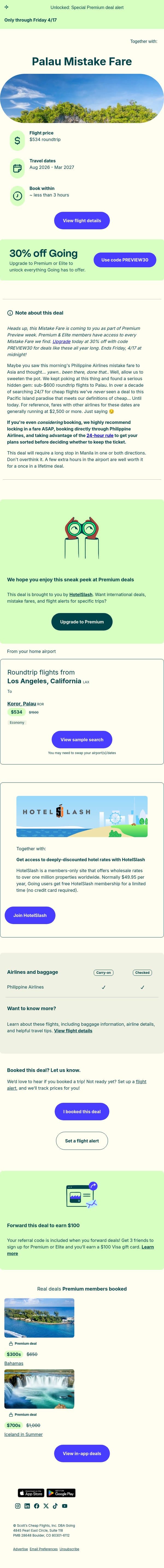 🤩👀 *mistake fare, never sent* Palau — $534 (Aug-Mar) email from Going screenshot