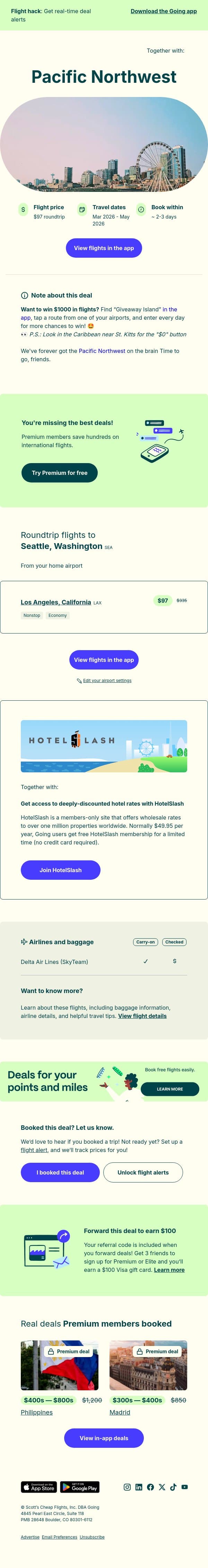 🌲 Pacific Northwest — $97 (Mar-May) email from Going screenshot