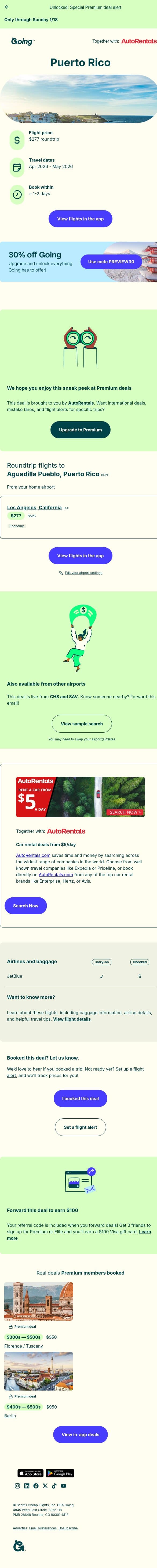 🤩 Puerto Rico — $277 (Apr-May) email from Going screenshot