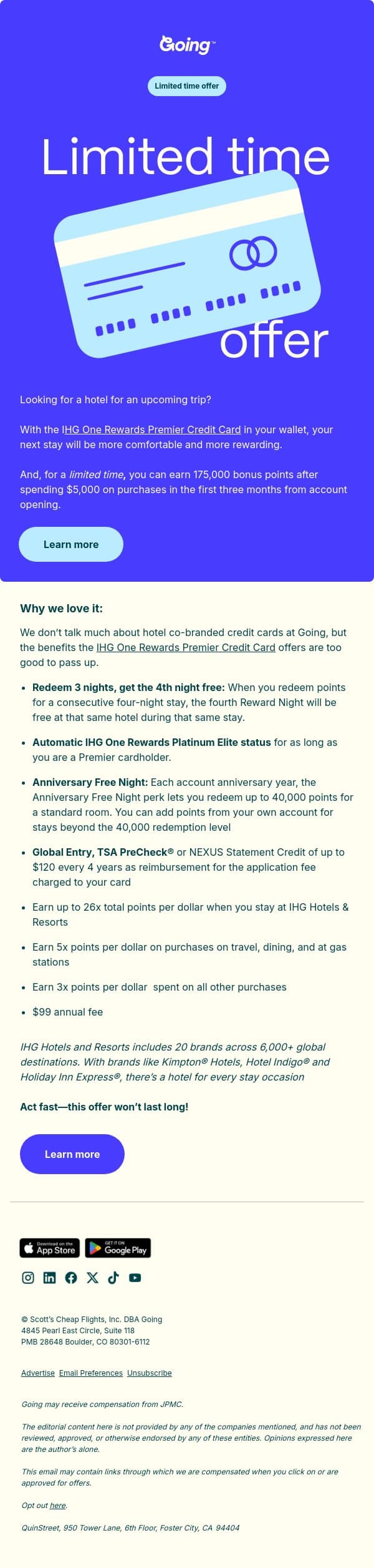 Make hotel stays more rewarding with IHG One Rewards Premier Credit Card® email from Going screenshot