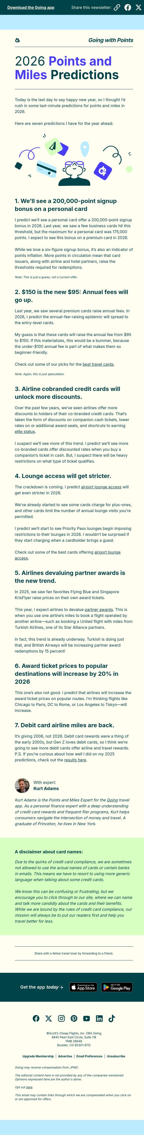 2026 Points and Miles Predictions email from Going screenshot