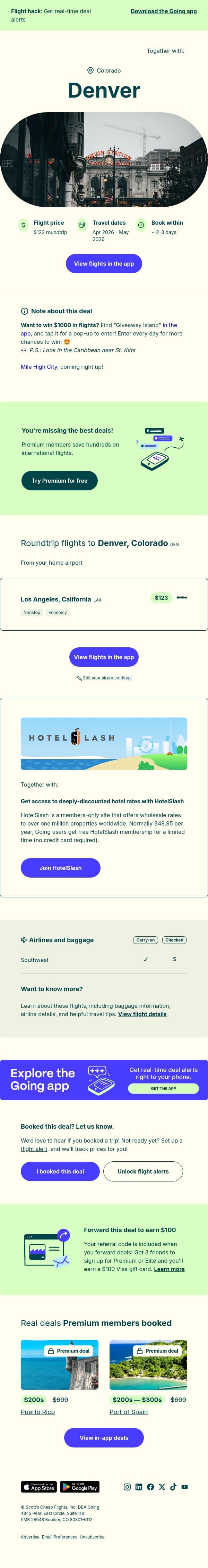 🏔️ *nonstop* Denver — $123 (Apr-May) email from Going screenshot