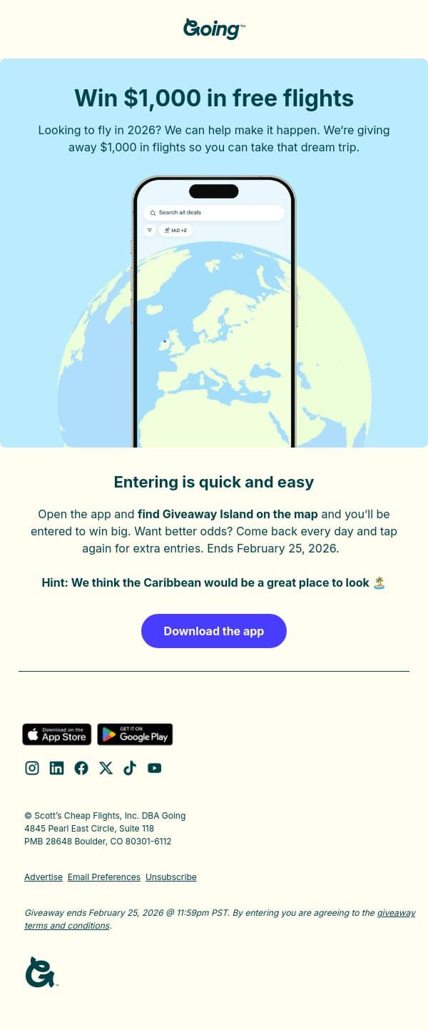 Win $1,000 in free flights email from Going screenshot