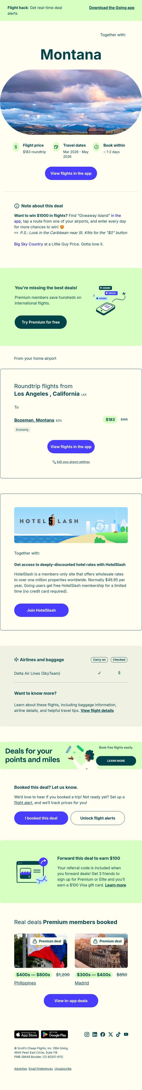 🐴 Montana — $183 (Mar-May) email from Going screenshot