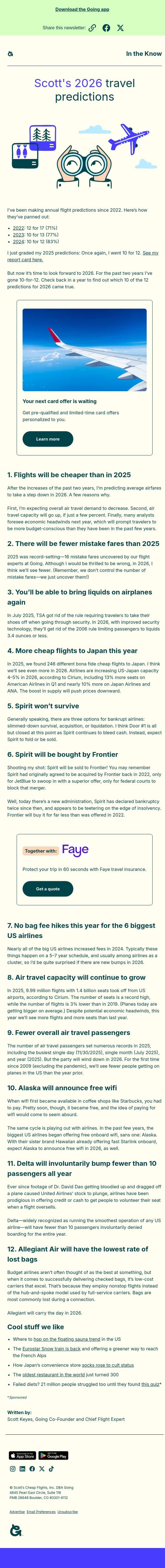 Scott’s 2026 travel predictions email from Going screenshot