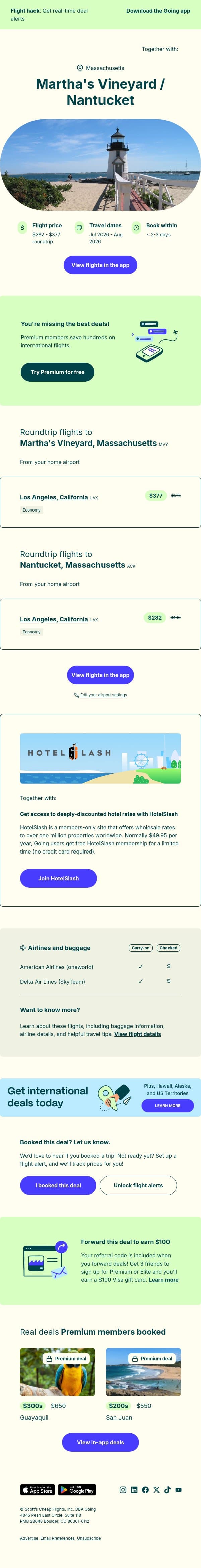 🦞 *peak summer* Martha's Vineyard / Nantucket — $282 to $377 (Jul-Aug) email from Going screenshot