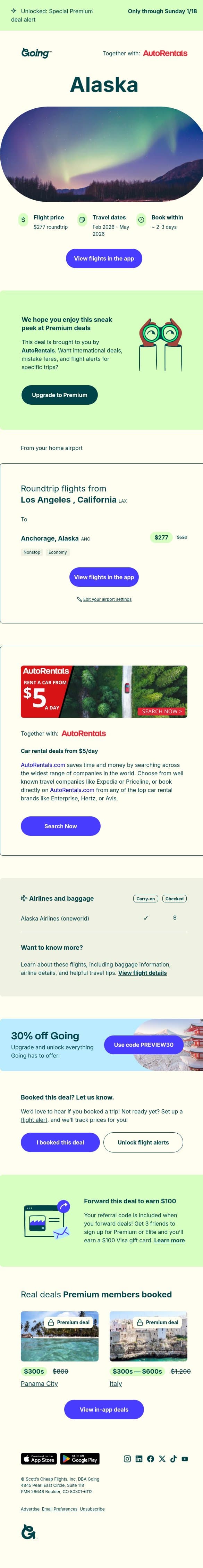 🤩 Alaska — $277 (Feb-May) email from Going screenshot