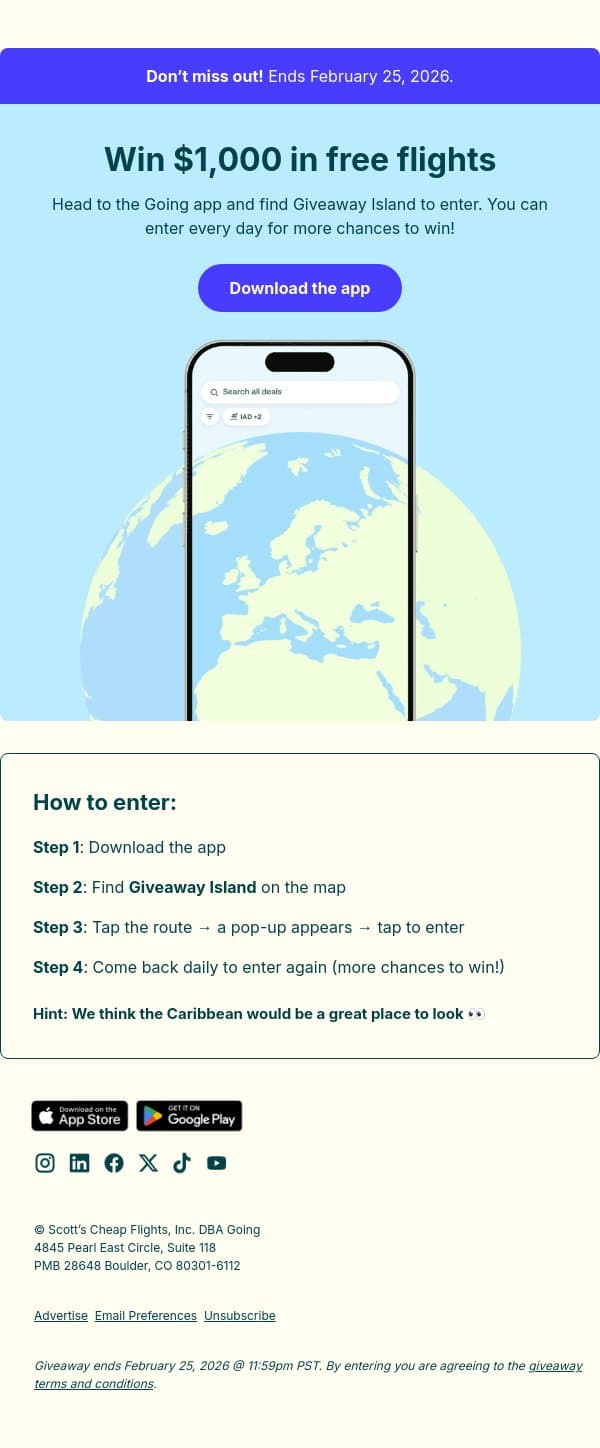 $1,000 in free flights could be yours ✈️ email from Going screenshot