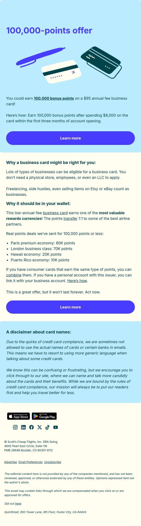 100,000 bonus points can be yours email from Going screenshot