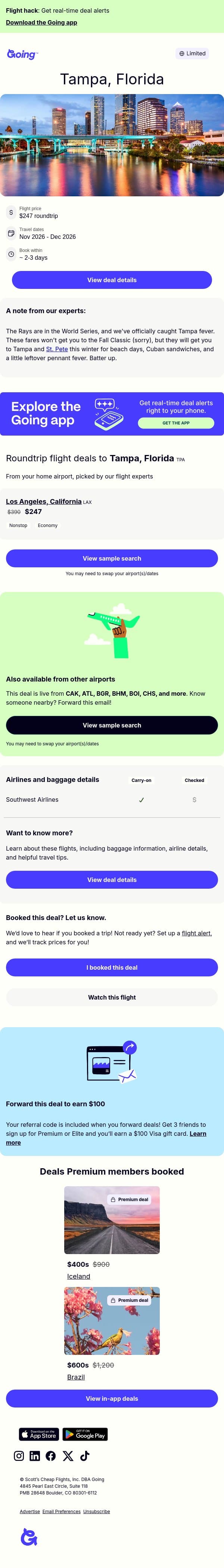 ⚾ Tampa — $247 (Nov-Dec) email from Going screenshot